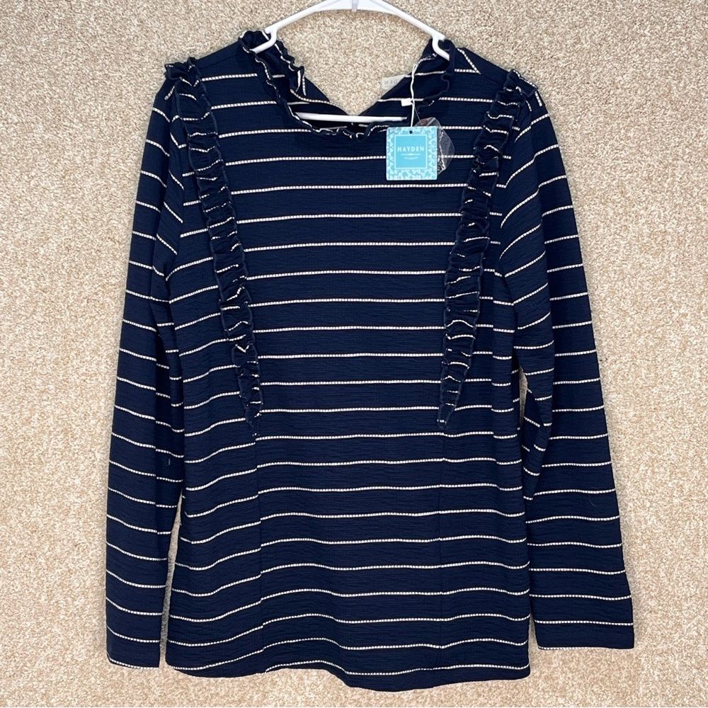 Imperfect NWT Hayden top navy white stripe long sleeve front ruffle cotton blend